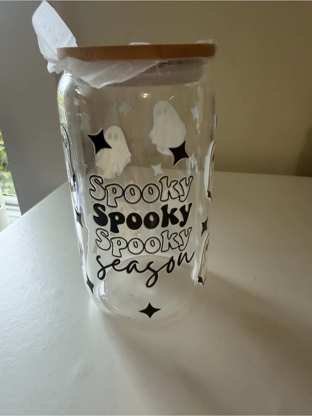 Spooky Season glass tumbler. 12 oz can style